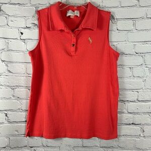 Pappagallo Sleeveless Collared Golf Shirt Gold Buttons Embroidery Coral Orange M
